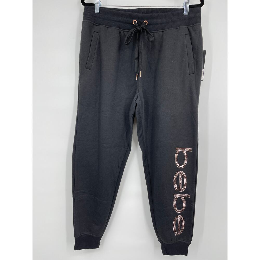 Bebe Womens Black Jogger Sweatpants Fleece Activewear Pants Rhinestones NEW 1X
